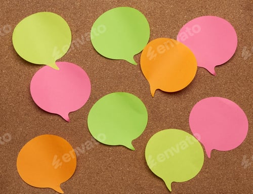 Preview: Colorful paper stickers glued on brownboard, idea and multitasking