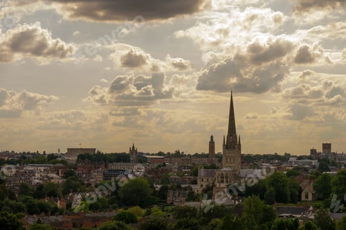 Preview: Sunset over Norwich, UK with the cathedrals, city hall and castle