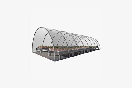 Preview: Curved-roof greenhouse with grid structure and potted plants