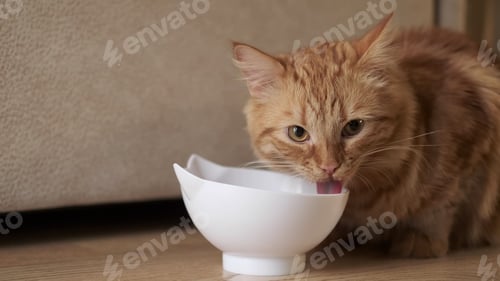Preview: Ginger cat licking face sitting at the bowl with food. The cat is eating.Cat licks looks into the