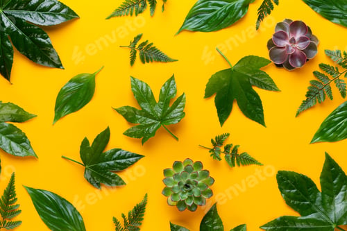 Preview: Green plant on the yellow background. Retro vintage style.