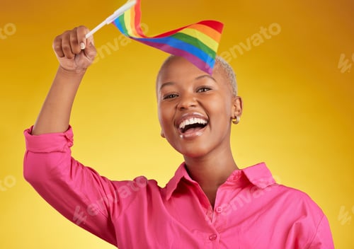 Preview: Flag, pride and portrait of black woman with support of the lgbtq community isolated in a studio ye