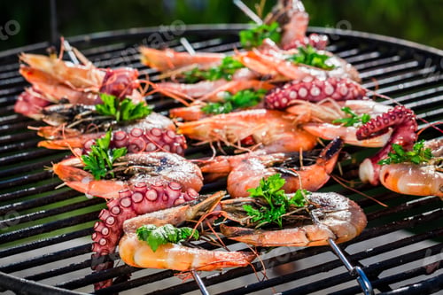 Preview: Fresh seafood skewers with lemon and parsley for grilling