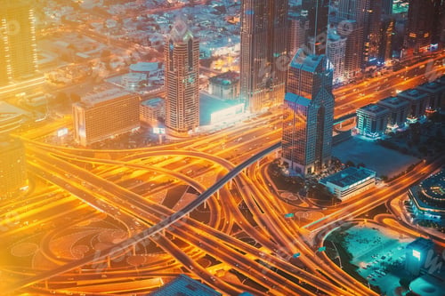 Preview: Aerial View Of Evening Night Traffic Of Dubai. City Street Night Yellow Illumination Of Residential