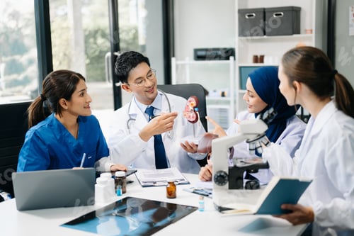 Preview: Medical, meeting and doctors with laptop for research, planning and hospital schedule