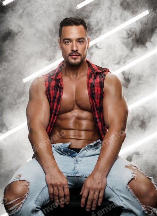 Preview: Shirtless male posing in jeans and plaid shirt against of neon-lit smoke