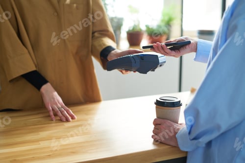 Preview: Hands of female consumer holding mobile phone over terminal held by young clerk