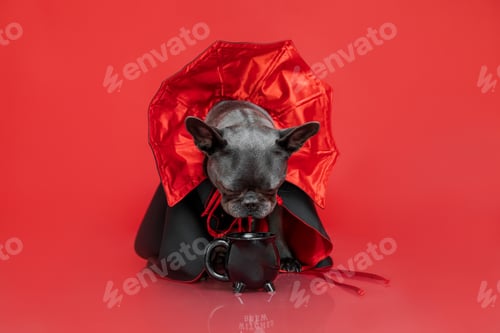 Preview: French Bulldog in Vampire Cape Costume on Red Background