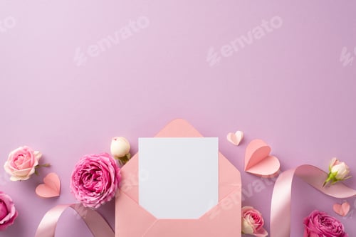 Preview: 8th March celebration. Top-view photo showcasing unfolded envelope with heartfelt card