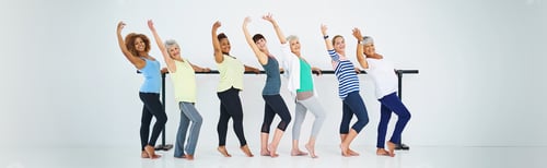 Preview: Portrait, women and stretching for yoga in class of fitness, community support and mindfulness of b