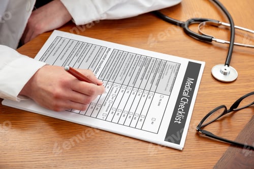 Preview: Medical checklist. Woman doctor, wooden office table. Female hand over document, close up