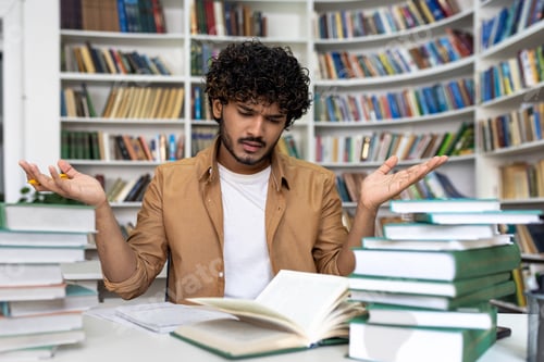 Preview: Dissatisfied and frustrated student trying to concentrate and prepare for exam by himself, man
