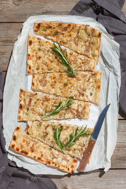 Preview: Flammkuchen, traditional German pizza with red onion, bacon, cream cheese