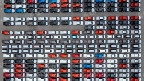 Preview: Aerial view of new car stock at distribution center automobile factory, Row of new car for sale.