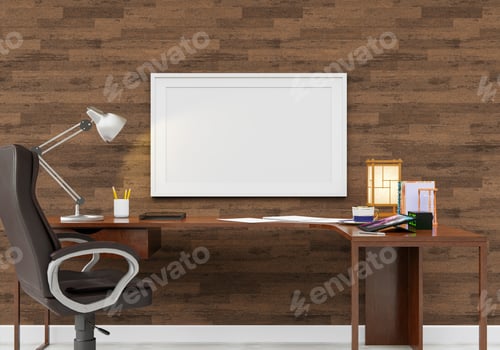Preview: Office Desk Mockup with White Frame on Wall