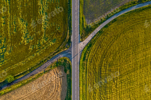 Preview: Aerial view of a road through green agricultural fields