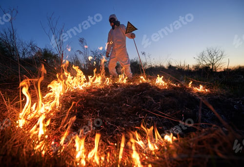 Preview: Firefighter ecologist working in field with wildfire.