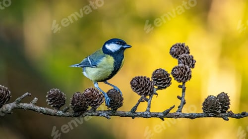Preview: Great tit resting atop a branch with pine cones