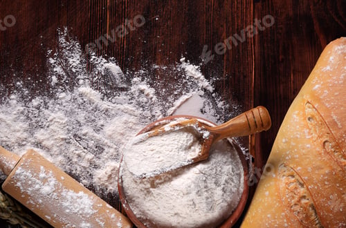 Preview: background for bakery flour and bread on wooden background