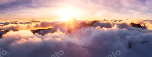 Preview: Canadian Mountain Landscape. Aerial Panoramic View. Sunny Sunset.