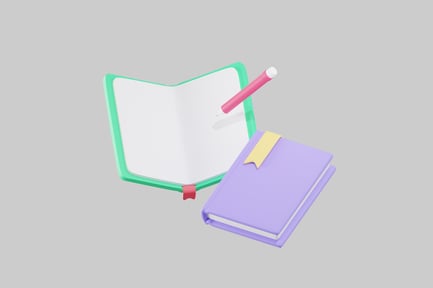 Visualização: Conjunto aberto de livros e lápis