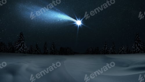 Preview: Christmas night. The first star lit up in the winter forest with snow and the night