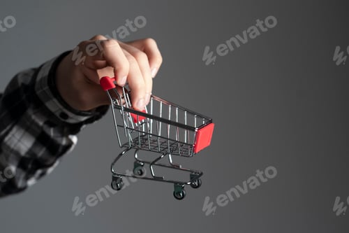 Preview: a human hand holding an empty shopping cart as the symbol of online shopping and e-commerce