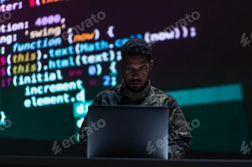 Preview: Hacker in military unifrorm on dark web, cyberwar concept.