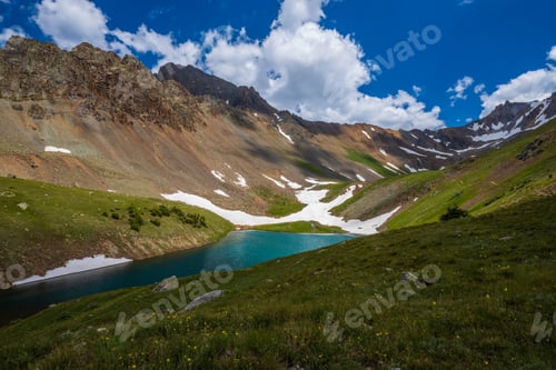 Preview: mountain landscape with upper blue lake and dramatic lighting