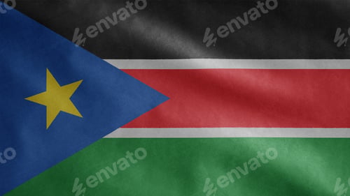 Preview: Sudanese flag waving in the wind. Close up South Sudan banner blowing soft silk.