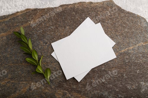 Preview: White paper business card, mockup with natural stone and boxwood branch on gray concrete