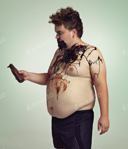 Preview: This is good sauce...Overweight man covered in chocolate sauce.