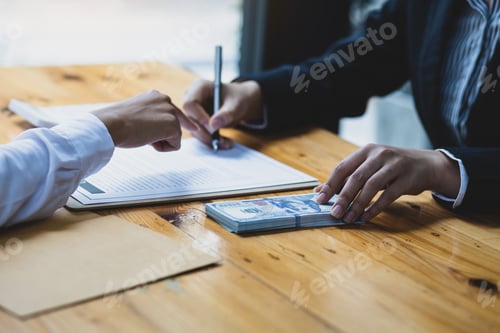 Preview: Paying or bribing the signing of an contract agreement. Illegal crime and dishonesty concepts.