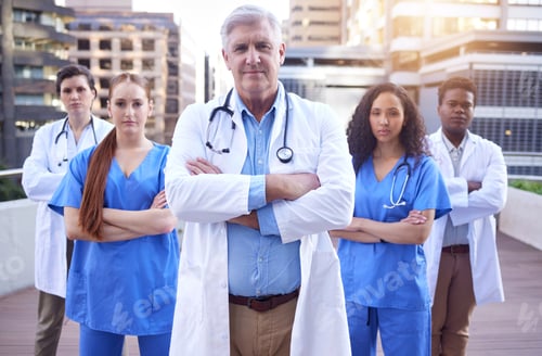 Preview: Diversity, nurse and doctor arms crossed in portrait for collaboration, healthcare and service at h