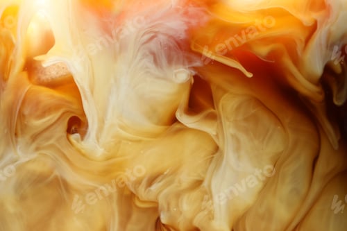 Preview: Refreshing coffee with ice and milk as background, closeup