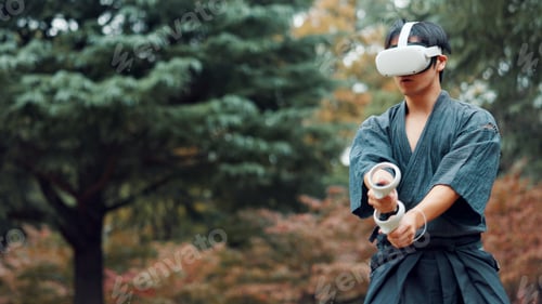 Preview: Virtual reality, controller and Asian man with technology for martial arts, Kendo practice and exer