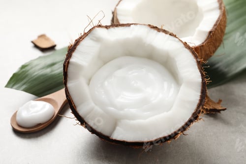 Preview: Ripe coconut and cream on light grey table