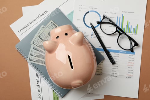 Preview: Concept of financial planning with piggy bank on craft background