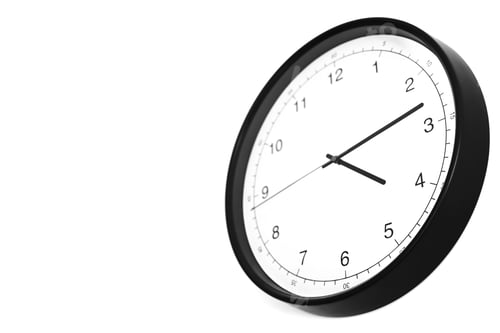 Preview: Part of analogue plain wall clock on white wall background. Four o'clock twelve minutes. Close up