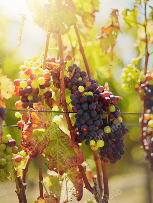 Preview: Closeup of a fresh bunch of red and green grapes hanging on a plant in a vineyard. Growing fruit an