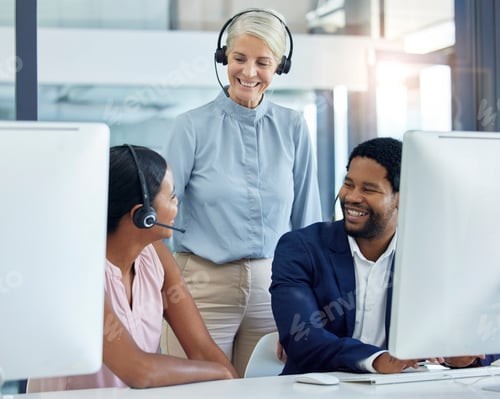 Preview: Call center, team and mentor in office for training, coaching and support with coach and staff in s