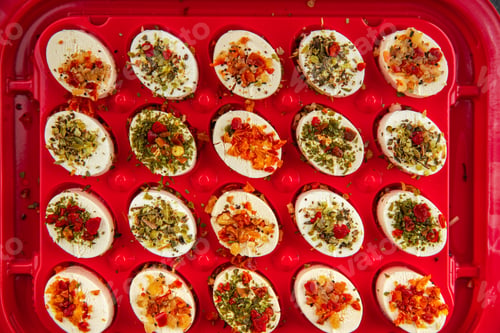 Preview: cheese appetizer soft cheese with herbs and tomatoes pieces fresh tasty food dish delicious gourmet