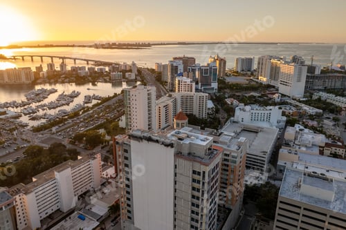 Preview: Above view of Sarasota city, Florida with waterfront office high-rise buildings