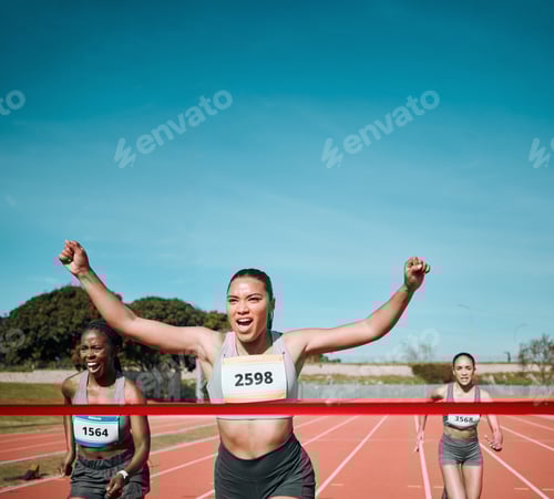 Preview: Happy woman, running and winning by finish line in competition, race or marathon on outdoor stadium