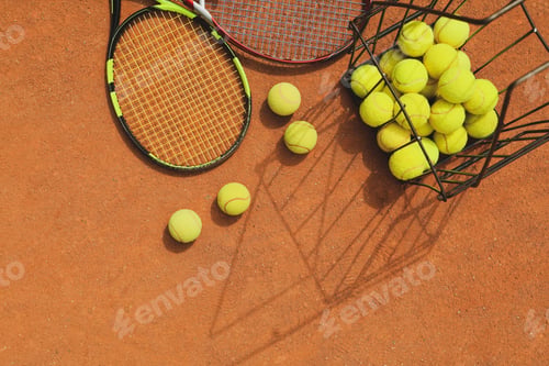 Preview: Rackets and basket with tennis balls on clay court
