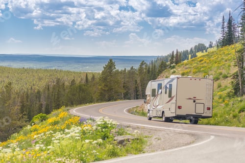 Preview: Camper Driving Down Road in The Beautiful Countryside Among Pine Trees and Flowers.