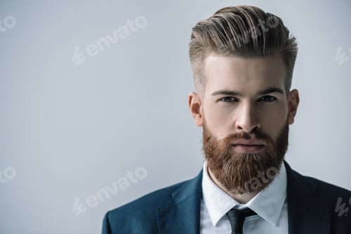 Preview: Stylish handsome bearded businessman looking at camera isolated on grey