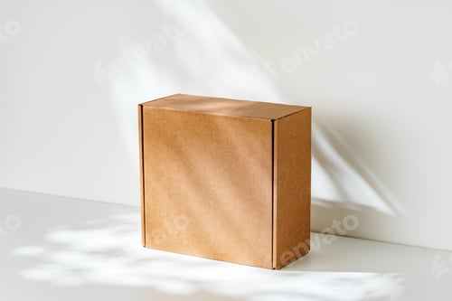 Preview: Simple brown cardboard box positioned on a white surface with soft angled shadows in natural light