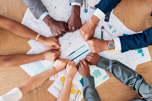 Preview: Teamwork, documents and circle of hands on desk in business meeting for strategy, planning and anal