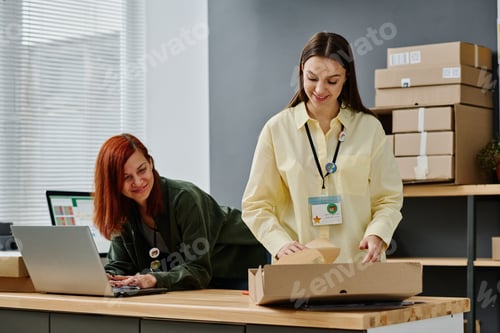 Preview: Happy young woman putting clothes into box against her colleague with laptop